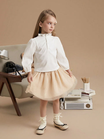 PrepCrw Young Girls Beige Christmas Knit Pleated A-Line Midi Skirt, Loose Academic Style, Autumn & Winter