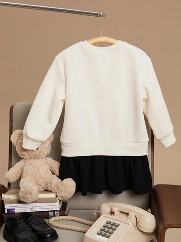 PrepCrw Young Girls' Beige Christmas Letter & Animal Print Knit Patchwork Round Neck Midi Dress