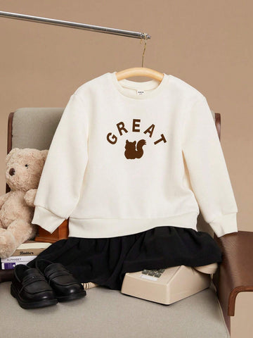 PrepCrw Young Girls' Beige Christmas Letter & Animal Print Knit Patchwork Round Neck Midi Dress