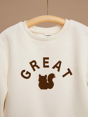 PrepCrw Young Girls' Beige Christmas Letter & Animal Print Knit Patchwork Round Neck Midi Dress