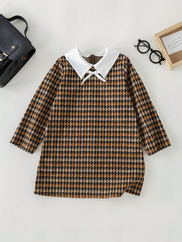 PrepCrw Young Girls' Beige Plaid Color-Blocking Collar Dress, Spring/Summer