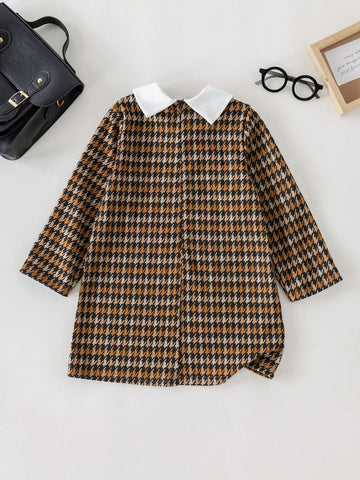 PrepCrw Young Girls' Beige Plaid Color-Blocking Collar Dress, Spring/Summer