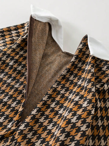 PrepCrw Young Girls' Beige Plaid Color-Blocking Collar Dress, Spring/Summer