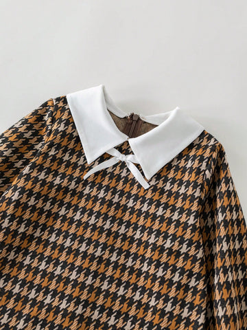 PrepCrw Young Girls' Beige Plaid Color-Blocking Collar Dress, Spring/Summer