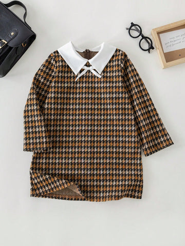 PrepCrw Young Girls' Beige Plaid Color-Blocking Collar Dress, Spring/Summer