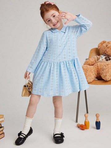 PrepCrw Young Girls' Blue Jacquard Knitted Bodycon Dress, Collegiate Style, Spring/Summer