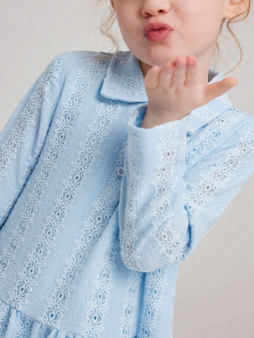 PrepCrw Young Girls' Blue Jacquard Knitted Bodycon Dress, Collegiate Style, Spring/Summer