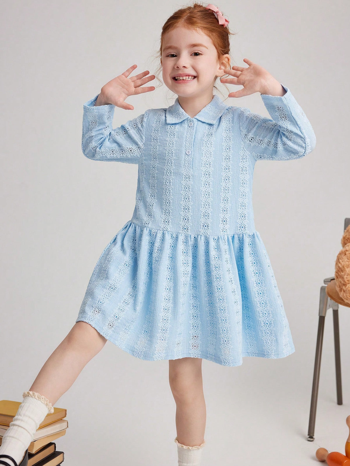 PrepCrw Young Girls' Blue Jacquard Knitted Bodycon Dress, Collegiate Style, Spring/Summer