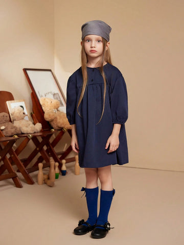 PrepCrw Young Girls Blue Woven Loose Round Neck Dress, For Back To School Season, Autumn/Winter