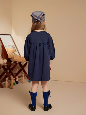 PrepCrw Young Girls Blue Woven Loose Round Neck Dress, For Back To School Season, Autumn/Winter