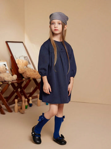 PrepCrw Young Girls Blue Woven Loose Round Neck Dress, For Back To School Season, Autumn/Winter