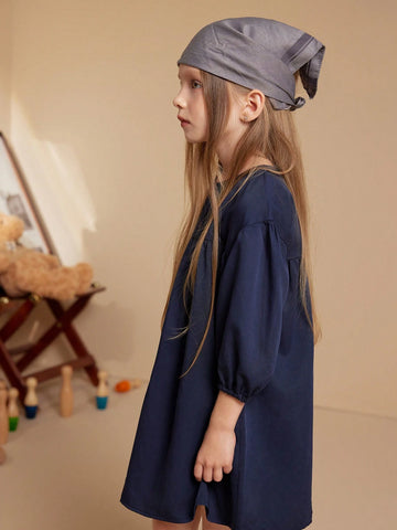 PrepCrw Young Girls Blue Woven Loose Round Neck Dress, For Back To School Season, Autumn/Winter