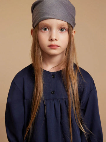 PrepCrw Young Girls Blue Woven Loose Round Neck Dress, For Back To School Season, Autumn/Winter