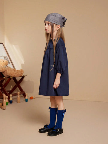 PrepCrw Young Girls Blue Woven Loose Round Neck Dress, For Back To School Season, Autumn/Winter