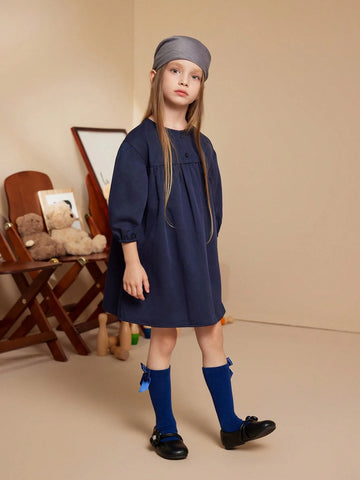PrepCrw Young Girls Blue Woven Loose Round Neck Dress, For Back To School Season, Autumn/Winter