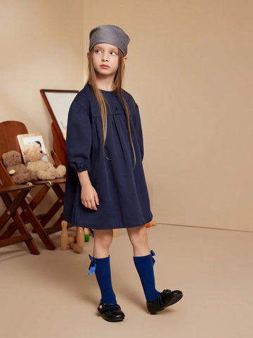 PrepCrw Young Girls Blue Woven Loose Round Neck Dress, For Back To School Season, Autumn/Winter