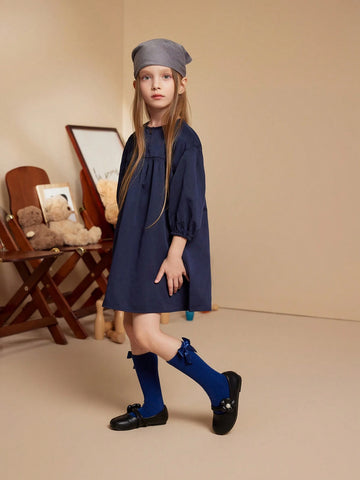 PrepCrw Young Girls Blue Woven Loose Round Neck Dress, For Back To School Season, Autumn/Winter