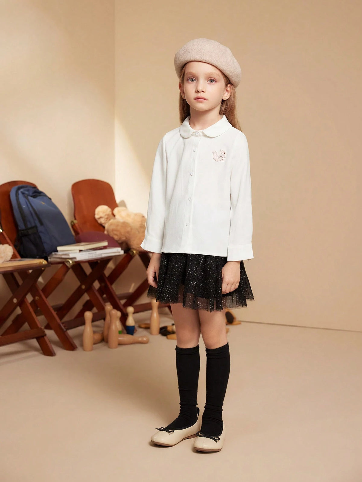 PrepCrw Young Girls Cartoon Applique Front Button Peter Pan Collar Long Sleeve Shirt