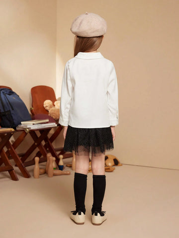 PrepCrw Young Girls Cartoon Applique Front Button Peter Pan Collar Long Sleeve Shirt