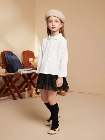 PrepCrw Young Girls Cartoon Applique Front Button Peter Pan Collar Long Sleeve Shirt