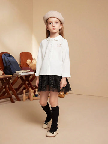 PrepCrw Young Girls Cartoon Applique Front Button Peter Pan Collar Long Sleeve Shirt