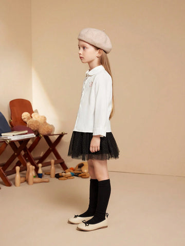 PrepCrw Young Girls Cartoon Applique Front Button Peter Pan Collar Long Sleeve Shirt