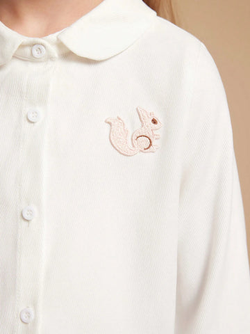 PrepCrw Young Girls Cartoon Applique Front Button Peter Pan Collar Long Sleeve Shirt