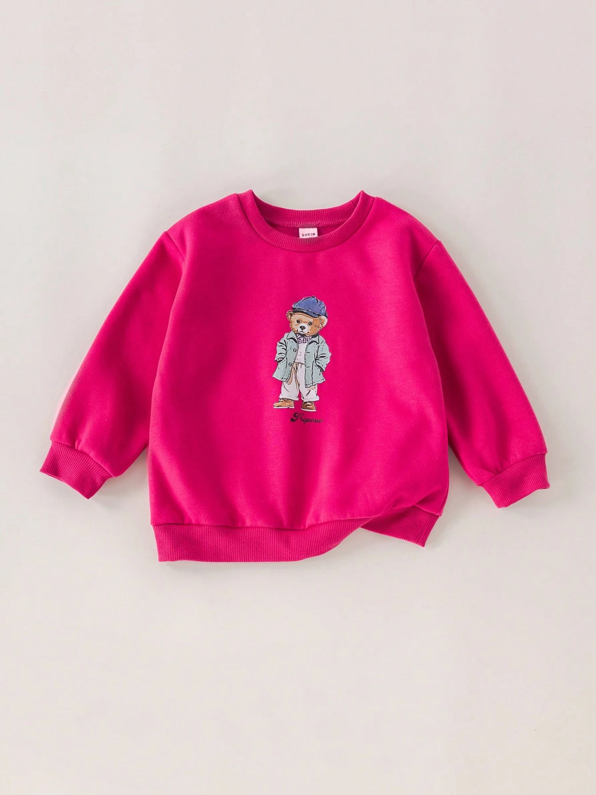 PrepCrw Young Girls Casual College Style Purple-Red Bear Print Fitted Crew Neck Sweatshirt, Autumn/Winter