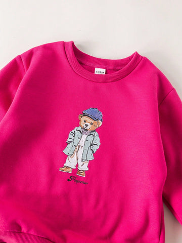 PrepCrw Young Girls Casual College Style Purple-Red Bear Print Fitted Crew Neck Sweatshirt, Autumn/Winter