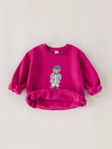 PrepCrw Young Girls Casual College Style Purple-Red Bear Print Fitted Crew Neck Sweatshirt, Autumn/Winter