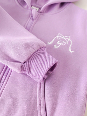 PrepCrw Young Girls Casual College Style Purple Letter & Bow Embroidery Knit Loose Hoodie With Zipper, Autumn/Winter
