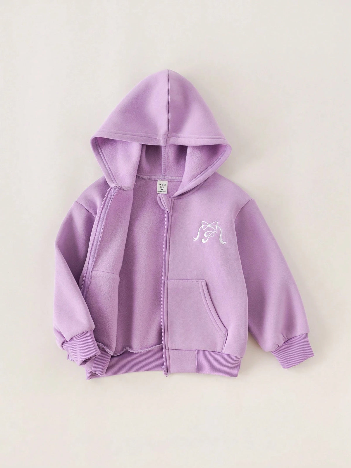 PrepCrw Young Girls Casual College Style Purple Letter & Bow Embroidery Knit Loose Hoodie With Zipper, Autumn/Winter