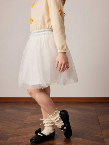 PrepCrw Young Girls' Casual Elastic Waist Flowy A-Line Mesh Skirt, Spring & Autumn