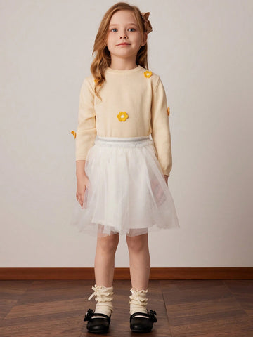 PrepCrw Young Girls' Casual Elastic Waist Flowy A-Line Mesh Skirt, Spring & Autumn