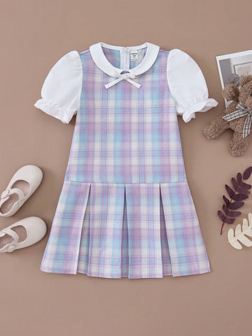 PrepCrw Young Girls Casual Plaid Pattern Loose Fit 2 In 1 Dress, Grey & Purple, Spring & Autumn