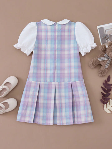 PrepCrw Young Girls Casual Plaid Pattern Loose Fit 2 In 1 Dress, Grey & Purple, Spring & Autumn