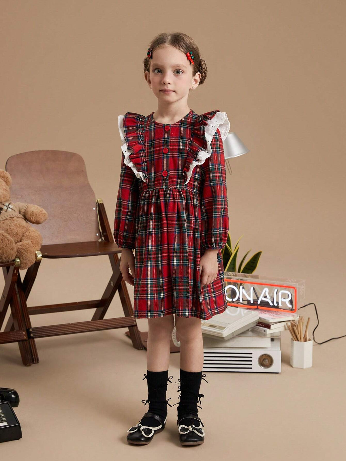 PrepCrw Young Girls' Collared Peplum Red Christmas Jacquard Woven Dress, Schoolgirl Style For Autumn/Winter