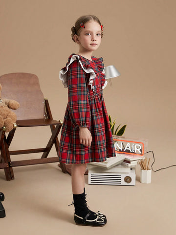 PrepCrw Young Girls' Collared Peplum Red Christmas Jacquard Woven Dress, Schoolgirl Style For Autumn/Winter