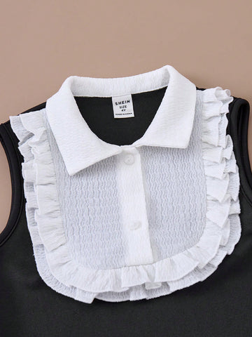 PrepCrw Young Girls' College Style Black & White Splicing Ruffle Trim Woven Bodycon Dress With Collar