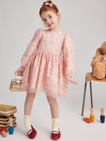 PrepCrw Young Girls College Style White & Gold Star Mesh Waisted A-Line Round Neck Puff Sleeve Dress, Spring/Autumn