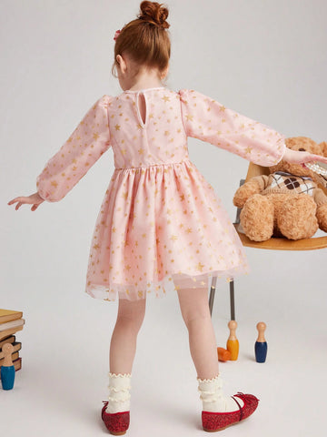 PrepCrw Young Girls College Style White & Gold Star Mesh Waisted A-Line Round Neck Puff Sleeve Dress, Spring/Autumn