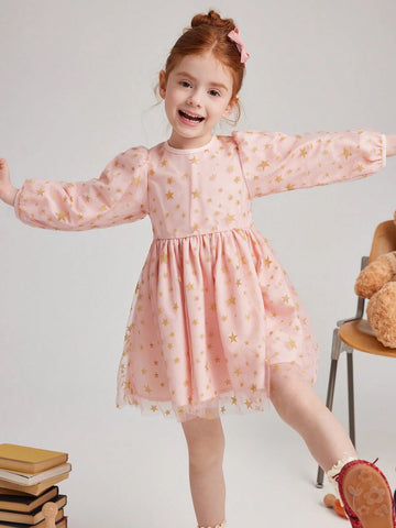 PrepCrw Young Girls College Style White & Gold Star Mesh Waisted A-Line Round Neck Puff Sleeve Dress, Spring/Autumn