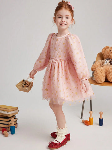 PrepCrw Young Girls College Style White & Gold Star Mesh Waisted A-Line Round Neck Puff Sleeve Dress, Spring/Autumn