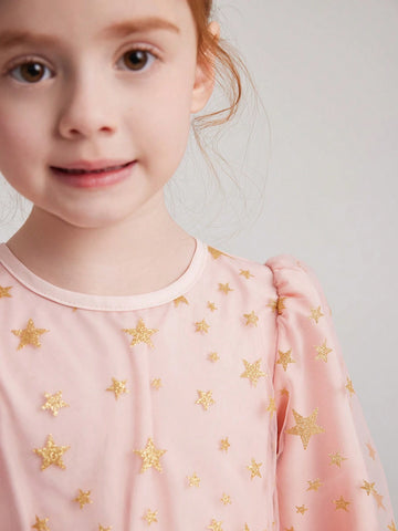 PrepCrw Young Girls College Style White & Gold Star Mesh Waisted A-Line Round Neck Puff Sleeve Dress, Spring/Autumn