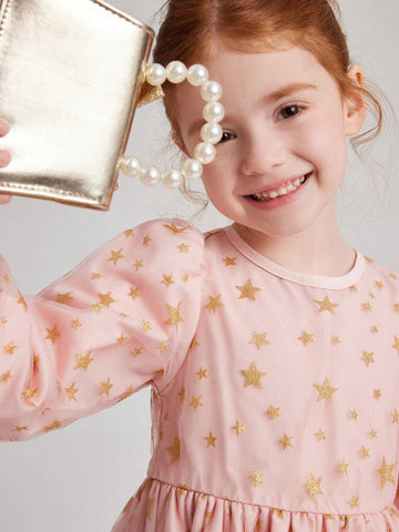 PrepCrw Young Girls College Style White & Gold Star Mesh Waisted A-Line Round Neck Puff Sleeve Dress, Spring/Autumn