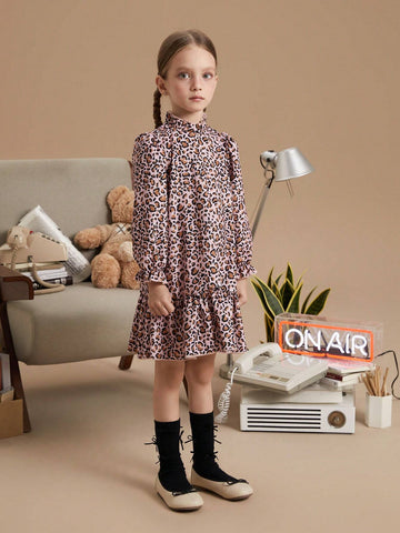 PrepCrw Young Girls Collegiate Brown Leopard Print Woven Loose Ruffle Collar Dress For Autumn/Winter