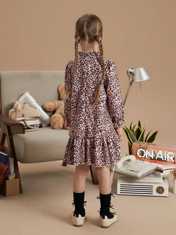 PrepCrw Young Girls Collegiate Brown Leopard Print Woven Loose Ruffle Collar Dress For Autumn/Winter