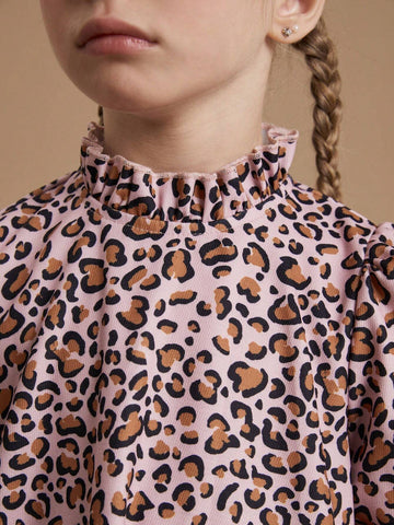 PrepCrw Young Girls Collegiate Brown Leopard Print Woven Loose Ruffle Collar Dress For Autumn/Winter
