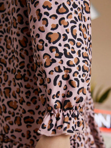 PrepCrw Young Girls Collegiate Brown Leopard Print Woven Loose Ruffle Collar Dress For Autumn/Winter