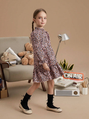 PrepCrw Young Girls Collegiate Brown Leopard Print Woven Loose Ruffle Collar Dress For Autumn/Winter